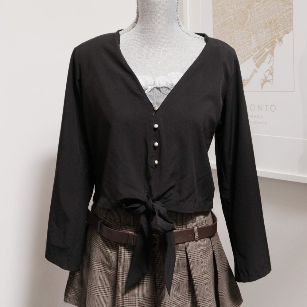Black Tie Front Button Down Blouse 🐈‍⬛ MIRAGE